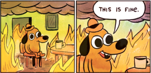 Cartoon of a dog surrounded by fire drinking coffee