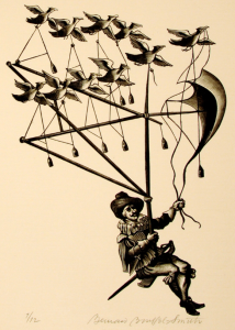 Image of a man in a flying contrapation powered by birds