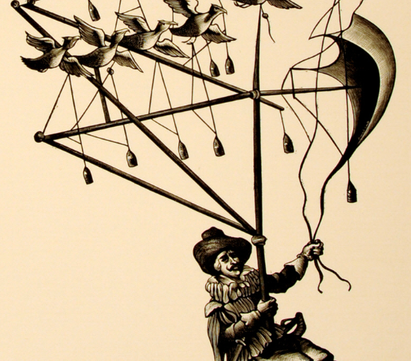 Image of a man in a flying contrapation powered by birds
