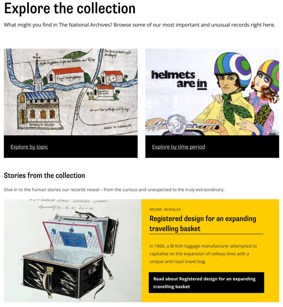 Screenshot of the Explore website, with colourful pictures next to headings like 'explore by topic', 'explore by time period' and 'registered design for an expanding travelling basket'