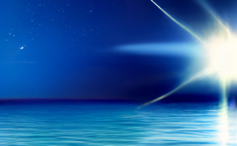 A generated image showing a calm tropical-style sea and a very large bright star radiating light