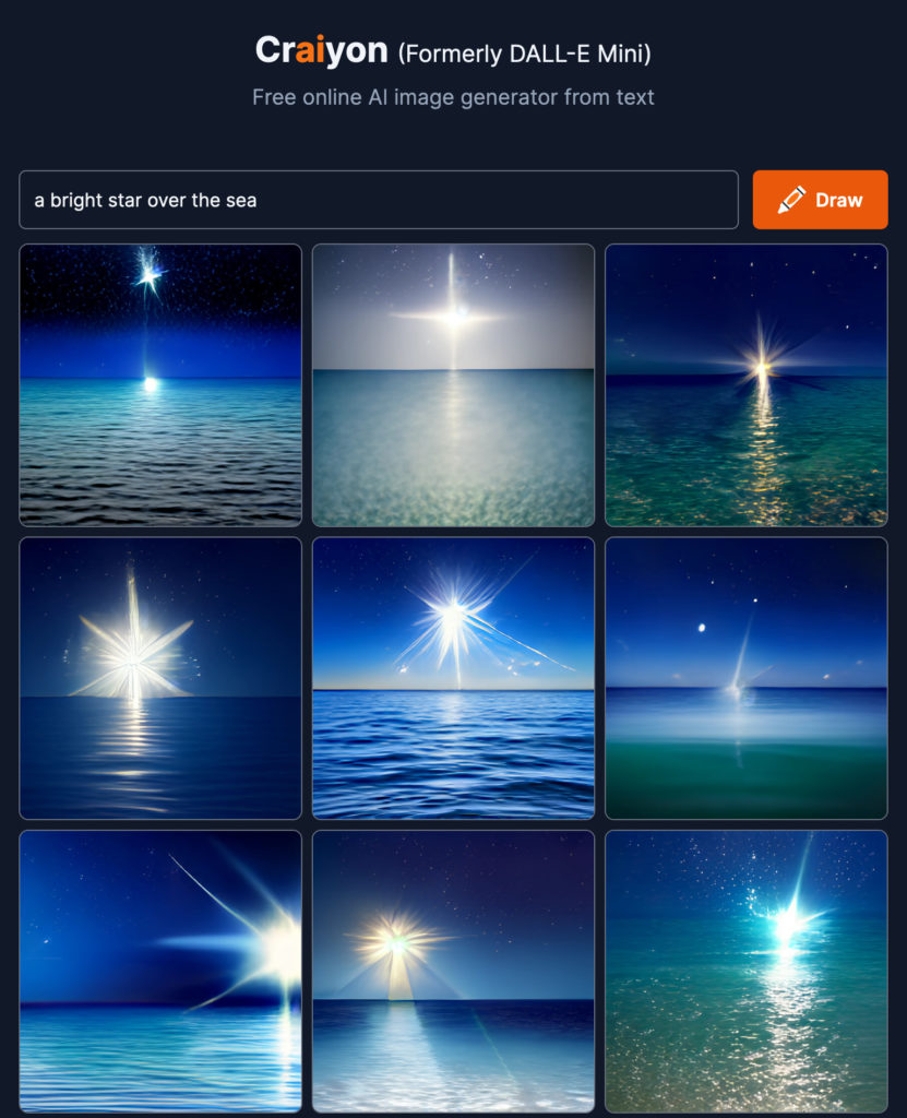 Screenshot of images generated by AI, showing variations on dark blue or green seas and shining stars
